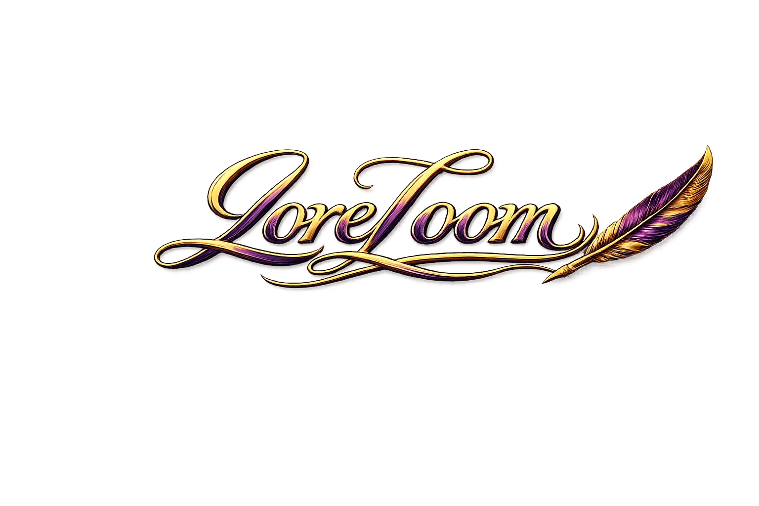 LoreLoom logo with plum and gold lettering and a quill